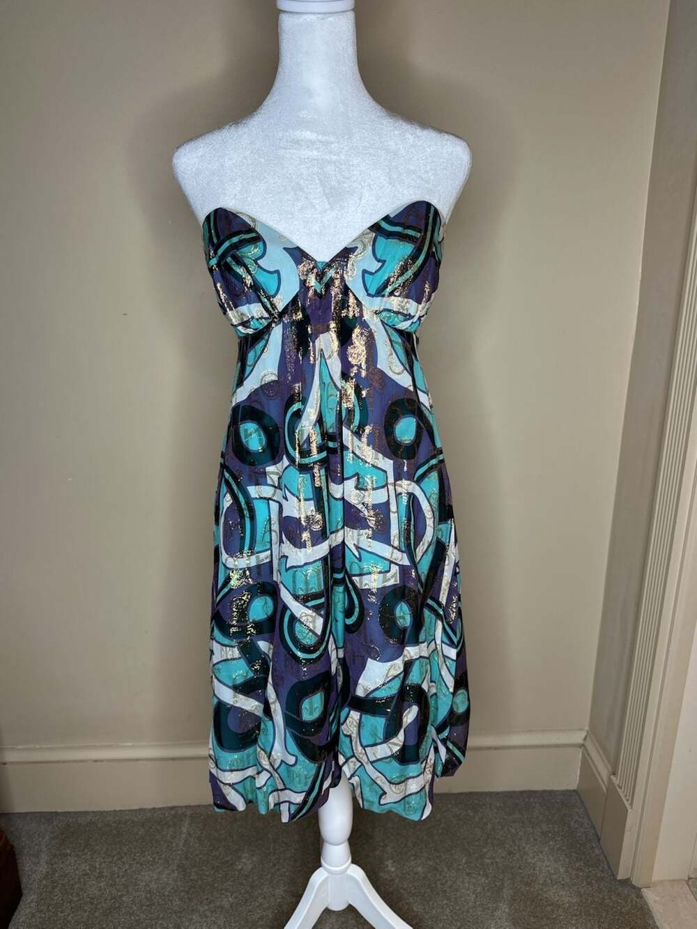 Nicole Miller Strapless Dress Size 10 Abstract Silk Lurex Balloon Hem
